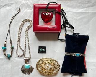 Vintage Turquoise and Sterling Silver, Baccarat Crystal Red Heart with Box and Black Cord, Crumrine 22K Gold Over Silver Belt Buckle