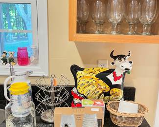 Blue pyrex bowl, water goblets, vintage lemon aid jar, Turov hand painted cow,  coffee pods holder and more