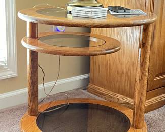 Contemporary wood and glass side table, lamp and coasters