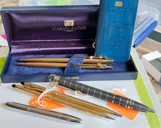 Caran D' Ache Swiss Made Gold Pen Pencil Set with Case, Montblac Star Walker Metal Rubber Ballpoint pen, 2 Cross Pens 1-1/20 12k, 1-1/20 10k, Fisher Bullet Space Pen