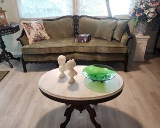 Settee, marble top coffee table