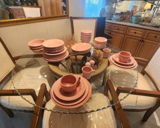 Pedestal table and chairs. Fiestaware Rose & Flamingo