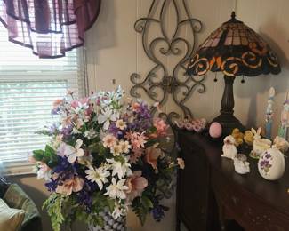 silk flower arrangement, buffet, tiffany style lamp