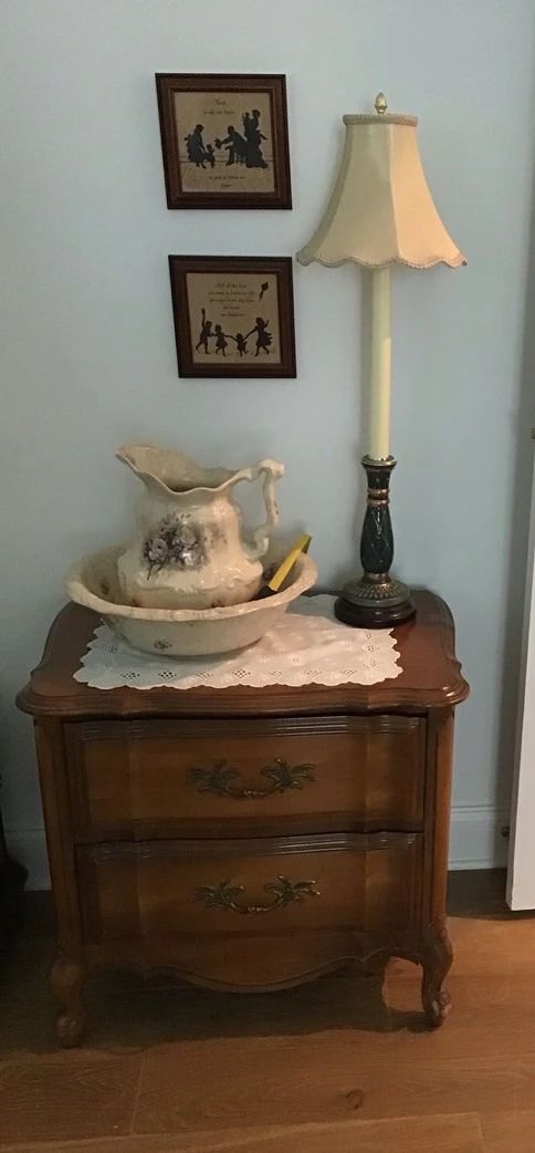 Nighstand, Wash Basin and Pitcher, Lamp, Wall Hangings