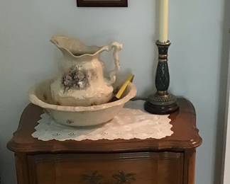 Nighstand, Wash Basin and Pitcher, Lamp, Wall Hangings