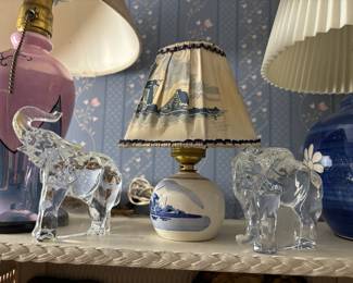 Antique dutch lamp, crystal elephant figures 
