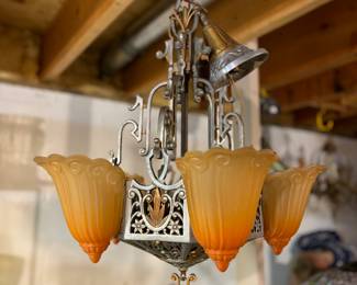 Absolutely stunning 1920's Art Deco LINCOLN FLEUR DE LIS SLIP SHADE CHANDELIER light fixture with original paint and shades