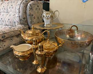 Gold tea set, hand painted gold enameled pitcher