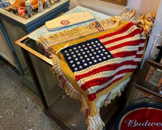 Vintage hand made 48 star flag, display case, military hat