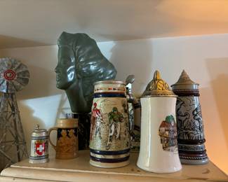 Vintage steins and statue 