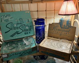Vintage snack serving sets in original boxes, vintage bohemian Czech cobalt blue pitcher