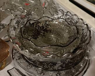 Stack of beautiful silver overlay dishes 