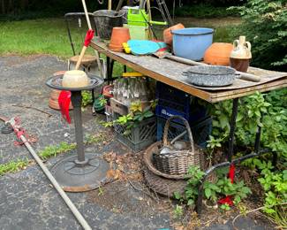Shepards hooks, sun dial, pots, baskets, outdoor items
