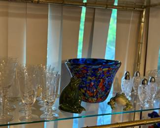Murano glass bowl, mid century frogs, vintage Heisey Rose vintage crystal stemware