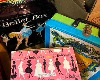 Vintage barbie containers, dolls, clothes