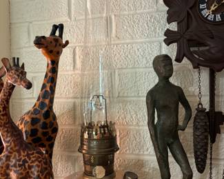 Aladdin oil lamp, hand carved giraffes 