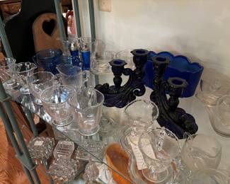 Cobalt blue candle sticks, cream / sugar sets