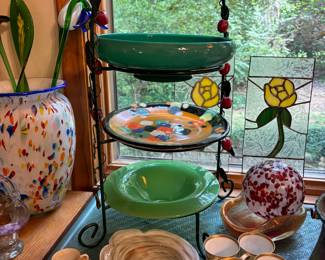 Stained glass, art glass, plate stand, jadeite, hand painted turn of the century coffee cups