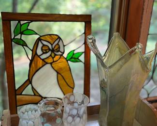 Stained glass owl, Fenton opalescent glasses 