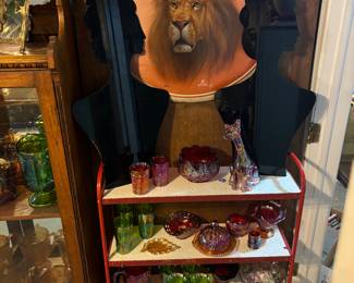 Fenton cat, carnival glass, silhouette women, large vintage metal lion pendant 