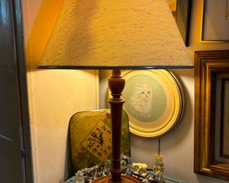 Beautiful antique wood lamp, glass animal figurines, antique dutch clock, framed vintage cat picture 