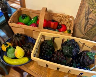 Vintage glass fruit and vegetables, baskets, Fiesta bowl