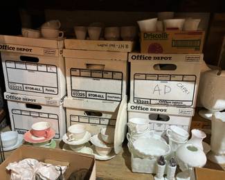 Boxes of milk glass, capri, tea cups, cobalt blue, viking glass, etc