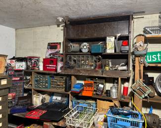 Tools, shelves, drill bits, angle grinders, parts containers, air compressor