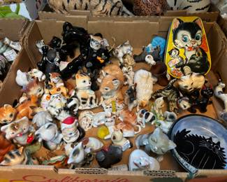 Mid century and other cat figurines and dishes