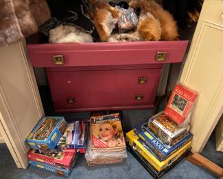 Vintage magazines, puzzles, mid century dresser
