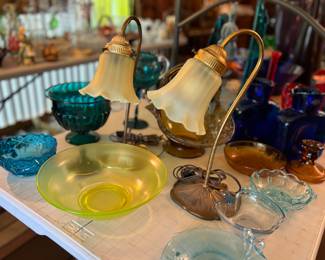 Antique lamps, mid century bowls, vases, glassware 