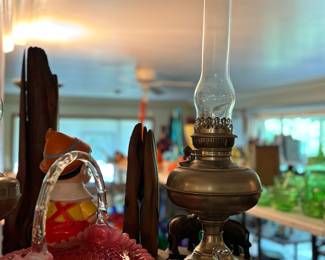 Fenton basket, crystal elephant figurines, elegant oil lamp