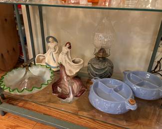 Stoneware oil lamp, antique baby food / children's dishes, art deco women planters 