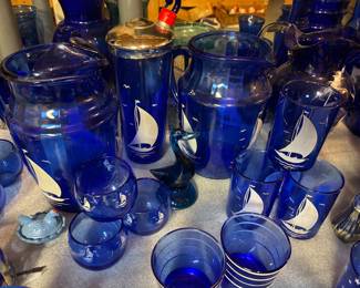 Cobalt blue sailboat pitcher and glasses 