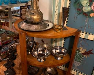 Vintage half moon table, elephant dish, pitcher, very unique small vase