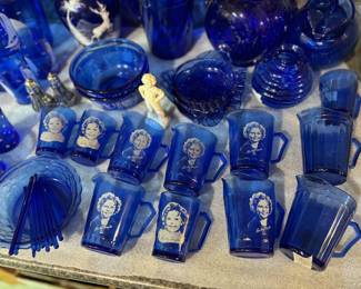 Cobalt blue dish ware, Shirley Temple pitchers