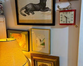 Vintage clocks, mid century framed lion, cat art