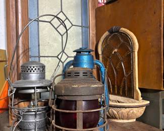 Vintage lanterns, stained glass panels