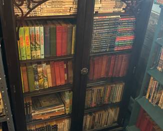 Antique book case, books