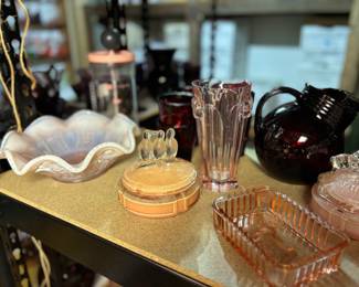Vintage powder jar, art deco vase, cranberry pitcher