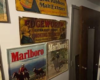 Edgeworth smoking tobacco sign, Marlboro signs, blue ribbon malt extract sign