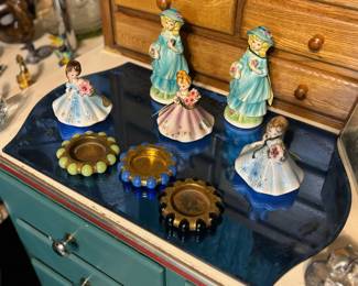 Antique figurines, 1930's deco blue tray