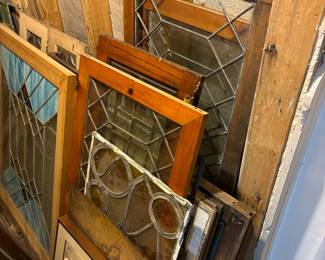 Dozens of leaded glass, stained glass panels and windows 