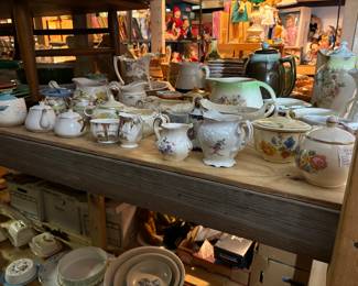 Antique china, tea cups, cream & sugar, pitchers, tea pots