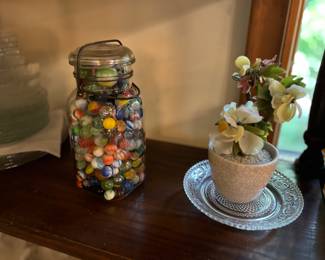 Chinese glass flower plant, vintage marbles