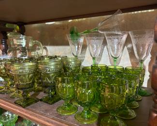 Vintage moon and stars mid century green goblets, vaseline stemware