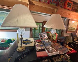 Antique lamps, good year sign, antique train