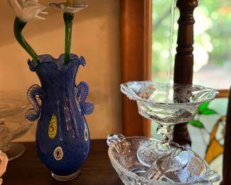 Glass flowers, art glass vase, Heisy divided dish