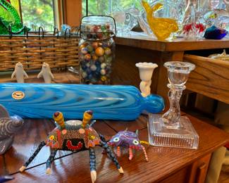 Marbles, hand blown rolling pin from Greenfield Village, crabs, candlesticks