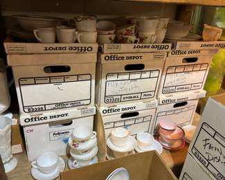 Milk glass, tea cups, china